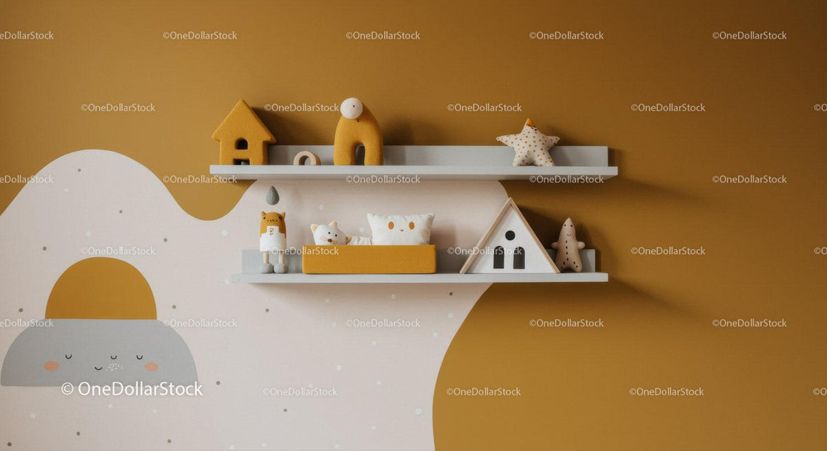 Colorful Nursery Decor with Wooden Toy Animals and Cloud Wall Mural