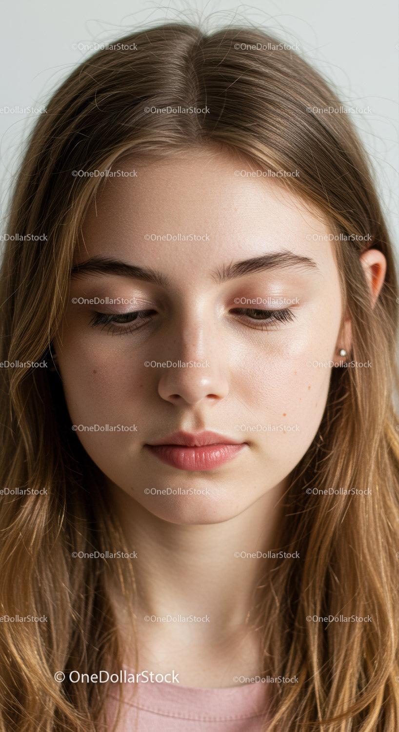 Serene Young Woman with Long Brown Hair Close-Up Portrait