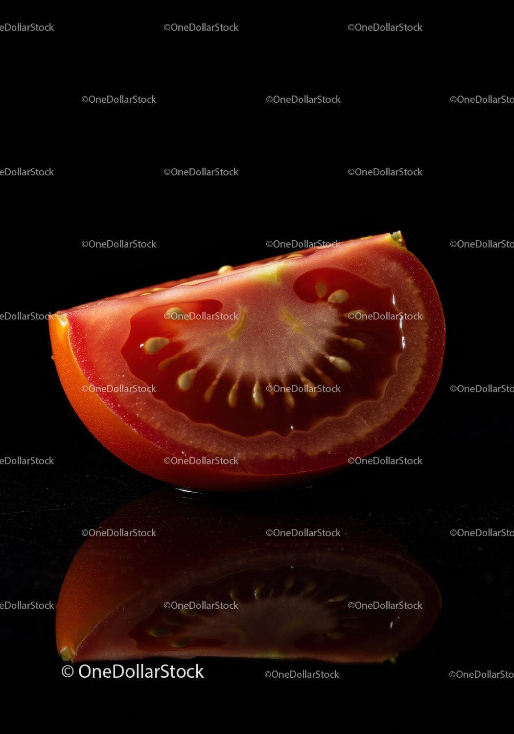 Fresh tomato slice with seeds on dark reflective surface