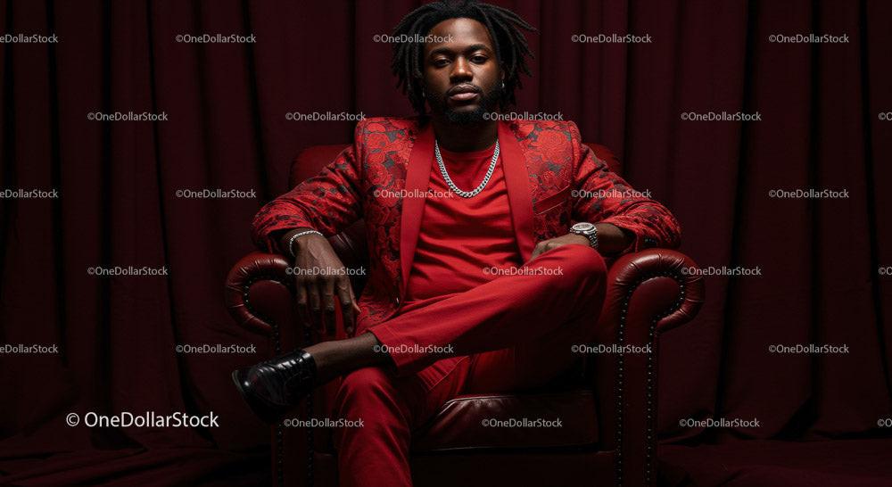 Confident Man in a Bold Red Suit Sitting Elegantly Stock Photo Bundle preview 7