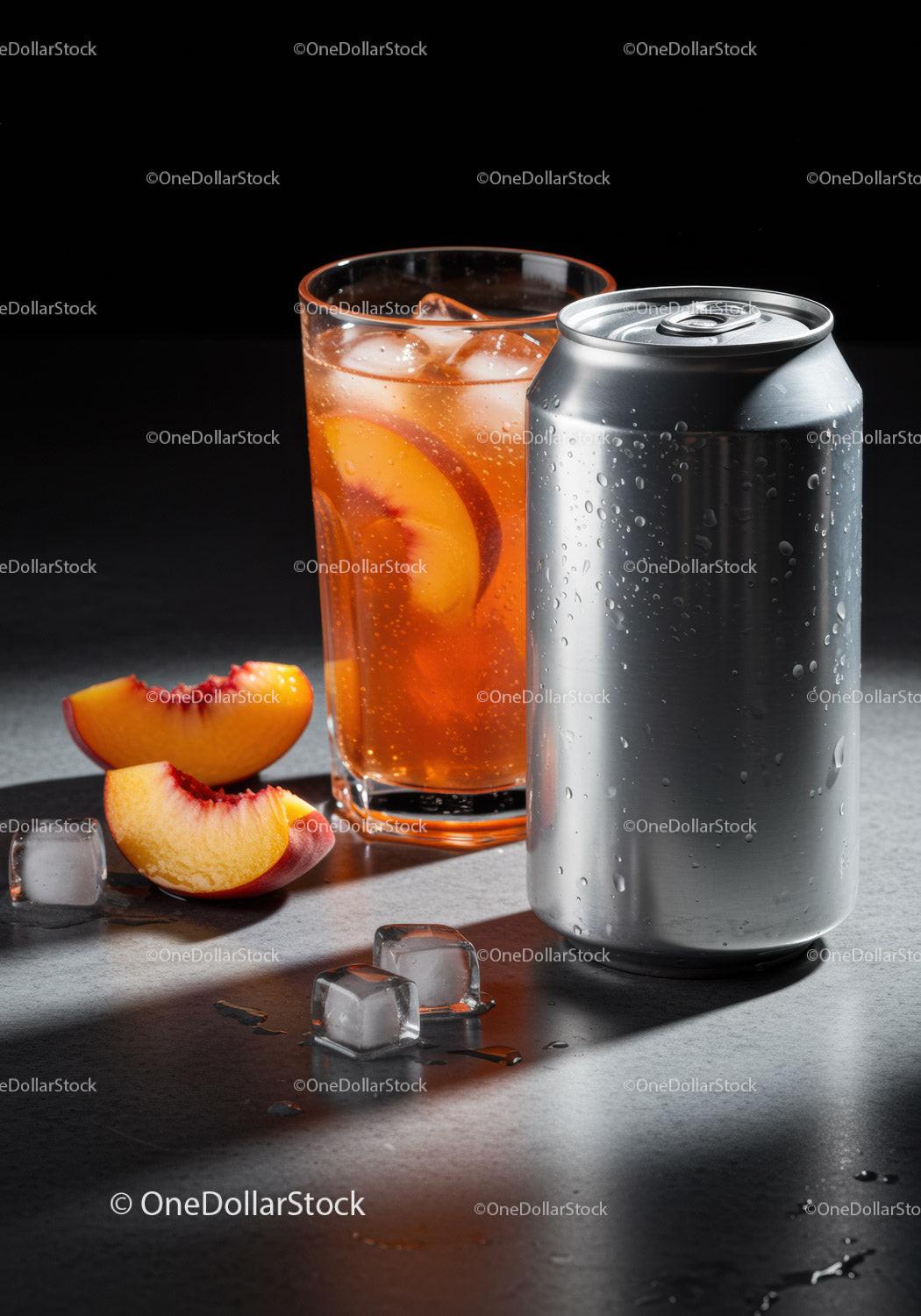 Refreshing Peach Iced Drink with Silver Can on Gray Surface