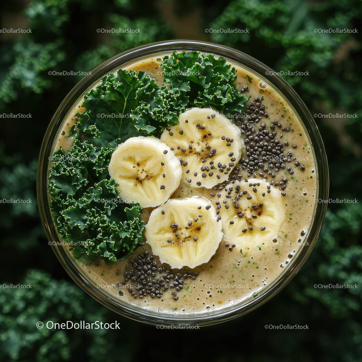 Banana and Kale Smoothie with Chia Seeds in a Glass