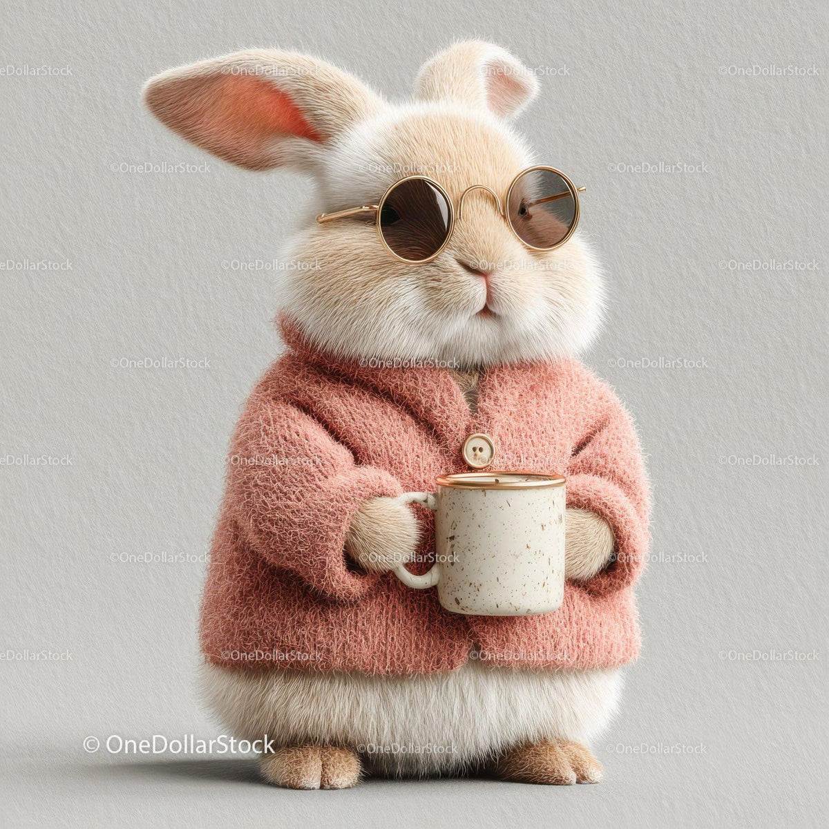 Cute Bunny Wearing Sunglasses and Cozy Pink Sweater Holding Coffee Mug Stock Photo Bundle preview 27
