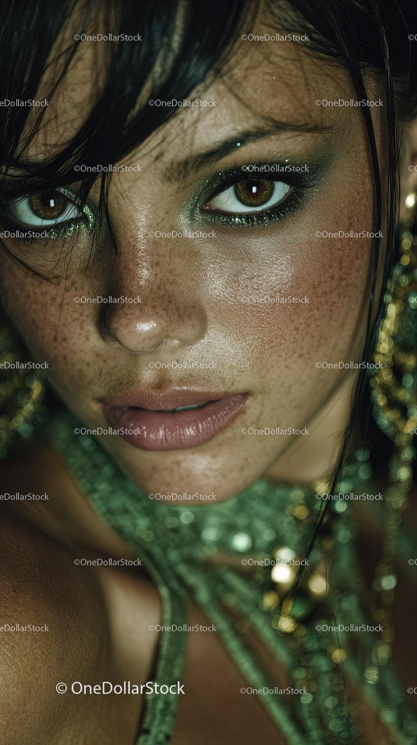 Close-up of Woman with Glittering Green Eye Makeup and Luminous Skin