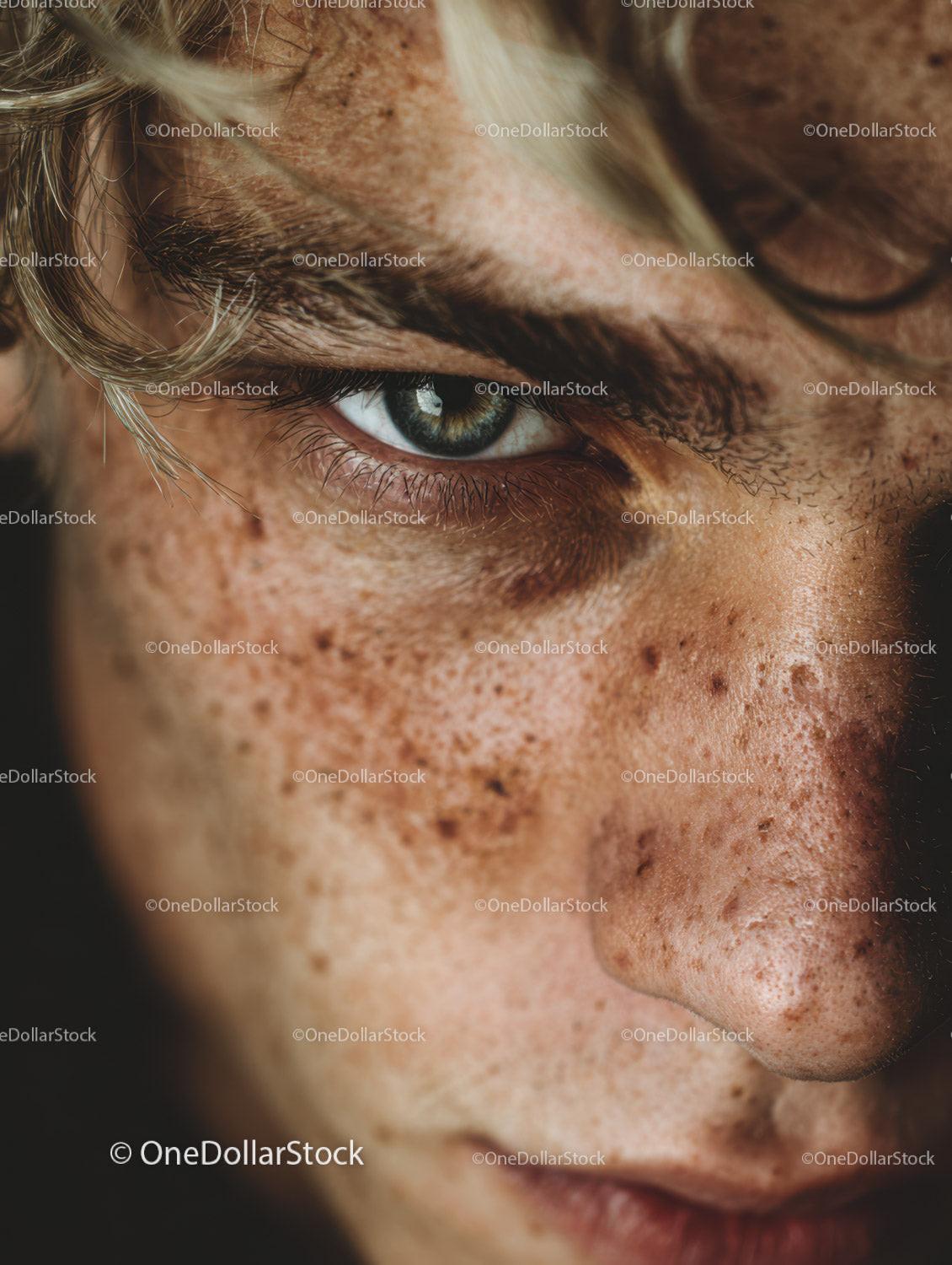 Close-up of Freckled Face with Green Eye and Detailed Skin Texture