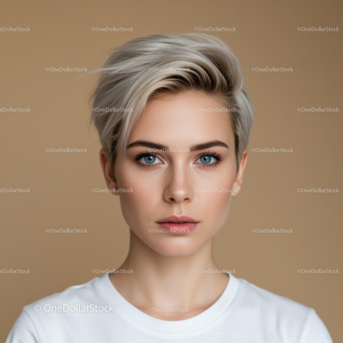 Portrait of a Young Woman with Short Blonde Hair and Bright Blue Eyes