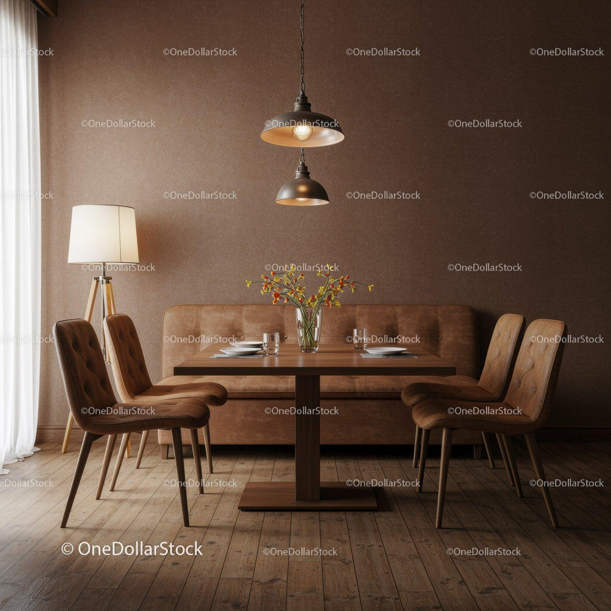 Warm Modern Dining Room with Leather Chairs and Wooden Table