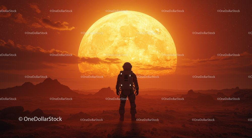 Astronaut Facing Giant Orange Moon on Alien Landscape