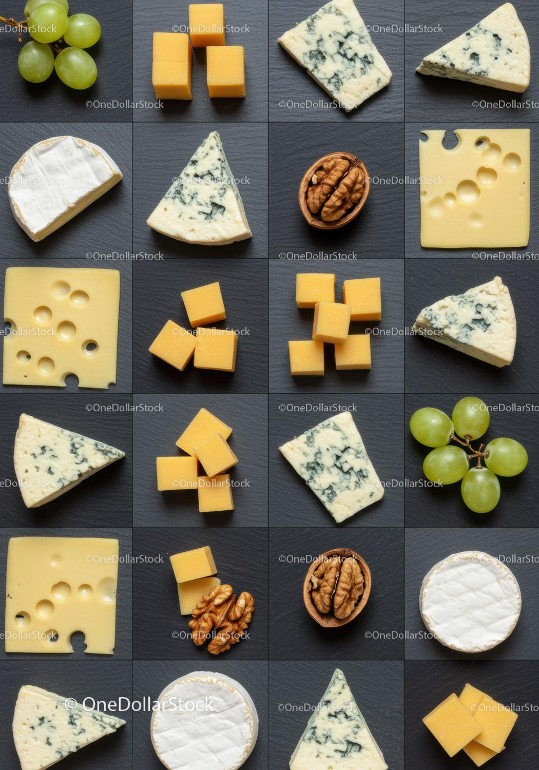 Assorted gourmet cheeses with grapes and walnuts on slate