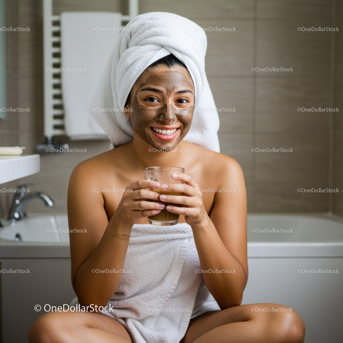Happy Woman Enjoying Facial Mask and Herbal Tea in Bathroom