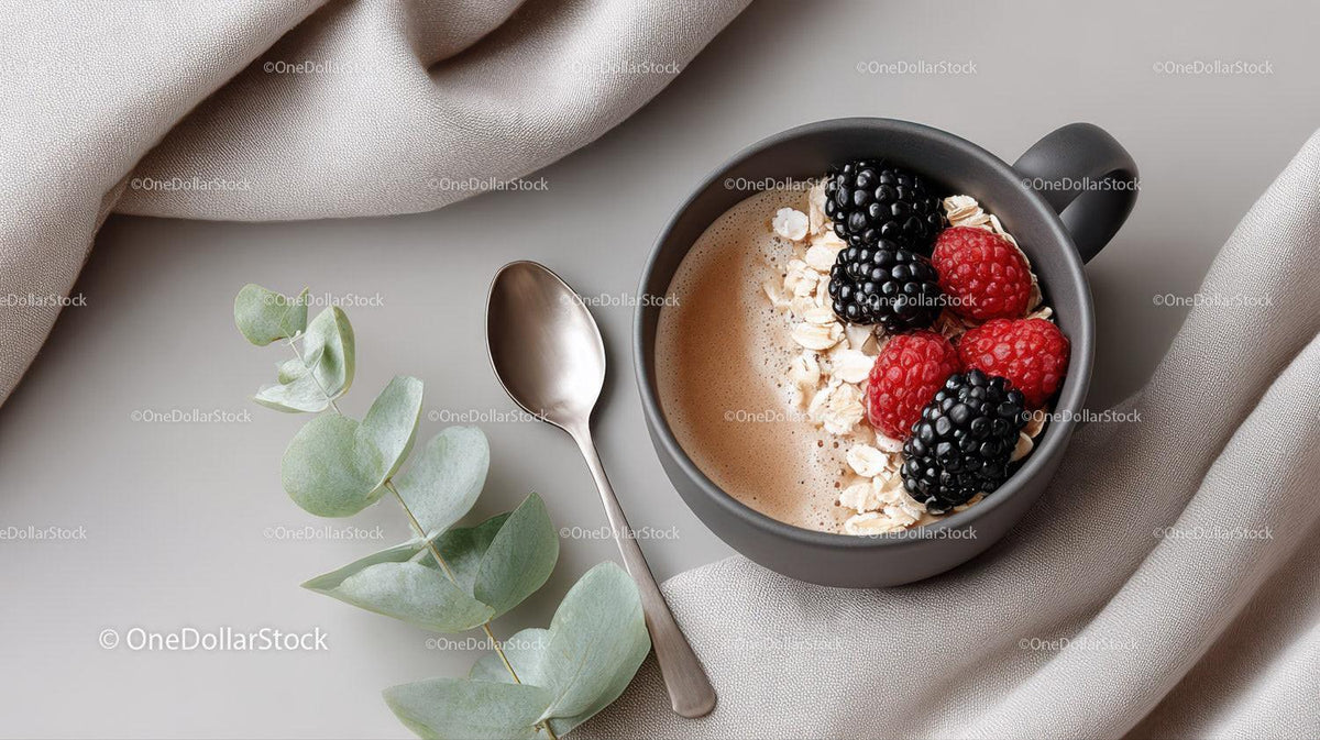 Fruit Topping on Coffee Smoothie Bowl in Ceramic Mug