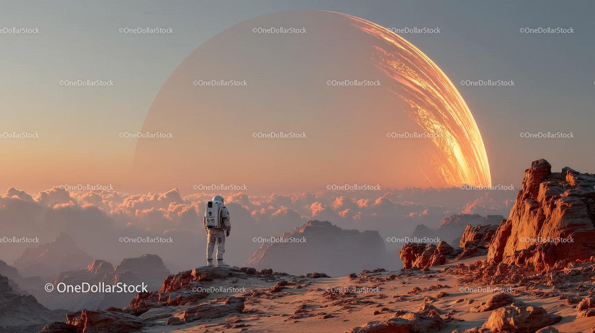 stock photo bundle made with Astronaut Exploring a Surreal Alien Landscape with a Giant Orange Planet Stock Photo Bundle