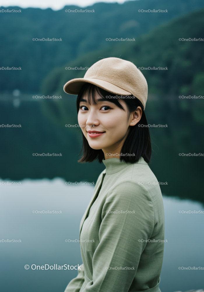 Portrait of a Smiling Young Woman in Casual Outfit by the Lake