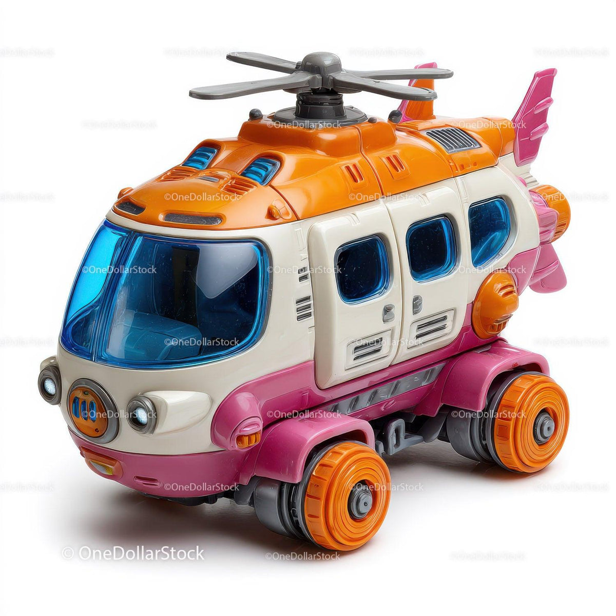 Plastic toy helicopter vehicle with blue windows and orange wheels on white background