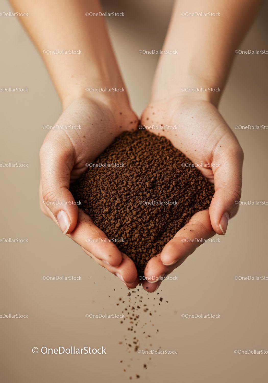 Hands Holding Brown Instant Coffee Granules
