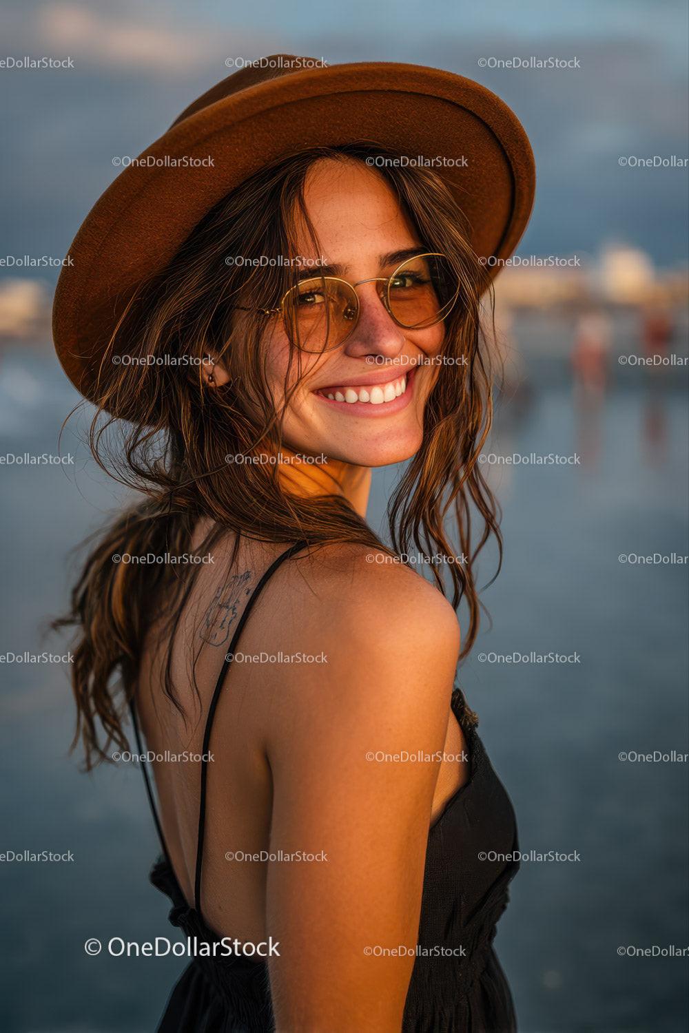 Smiling Woman in a Hat with Sunglasses at the Beach During Sunset