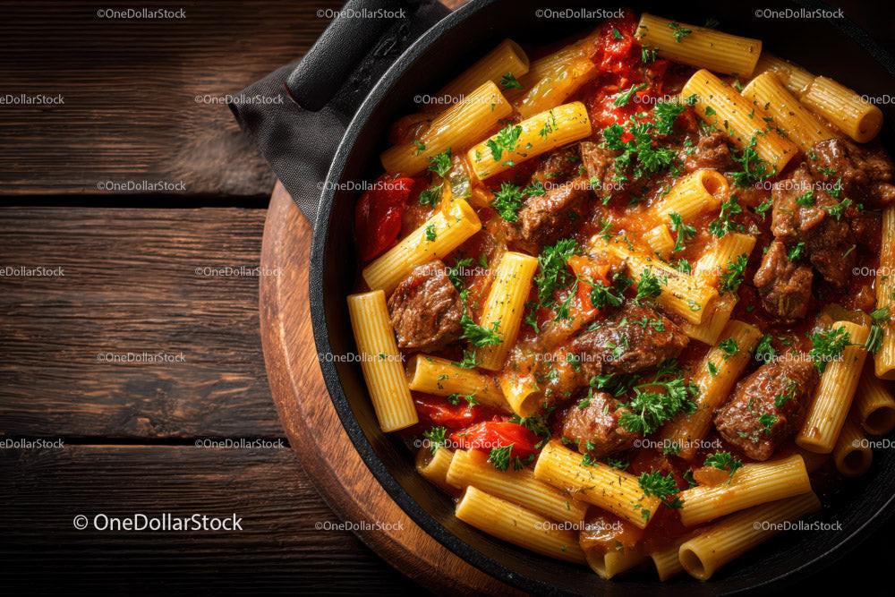 Hearty Beef and Cherry Tomato Pasta in Rustic Skillet Stock Photo Bundle preview 26