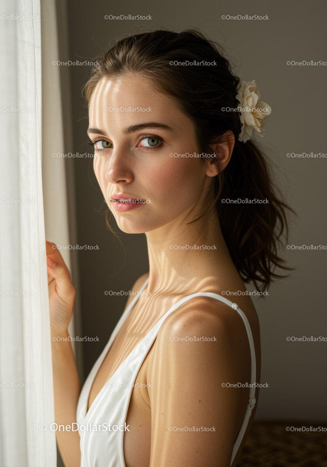 Portrait of a Young Woman with Blue Eyes Near a Window
