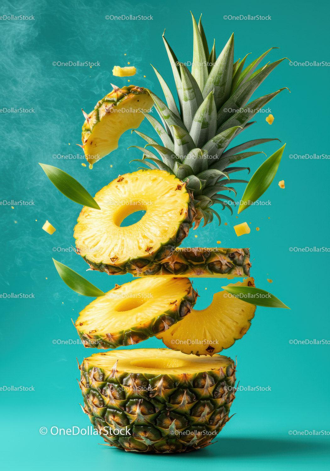 Fresh pineapple slices levitating on turquoise background