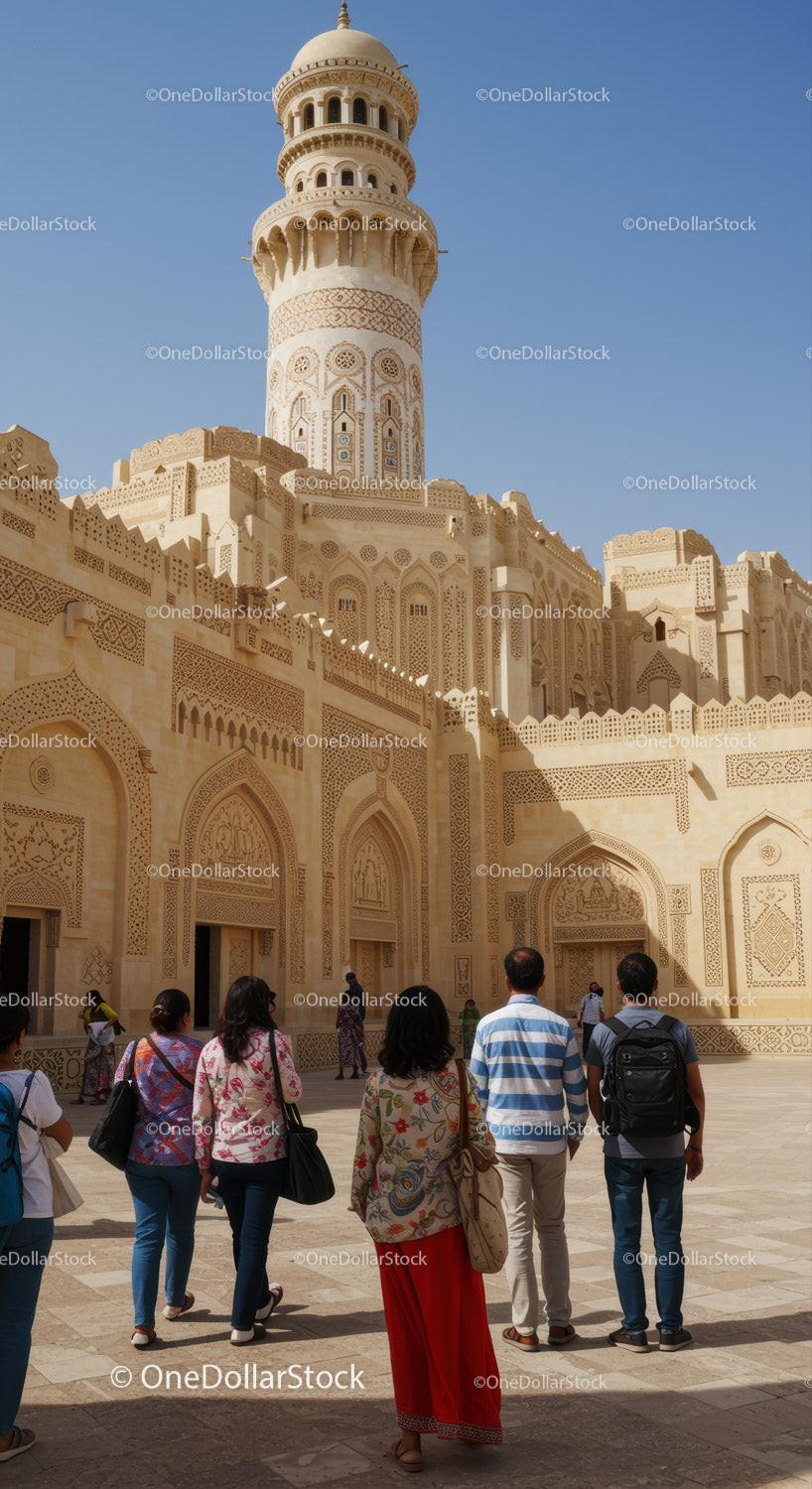 Ancient Architectural Tower with Tourists at Cultural Heritage Site