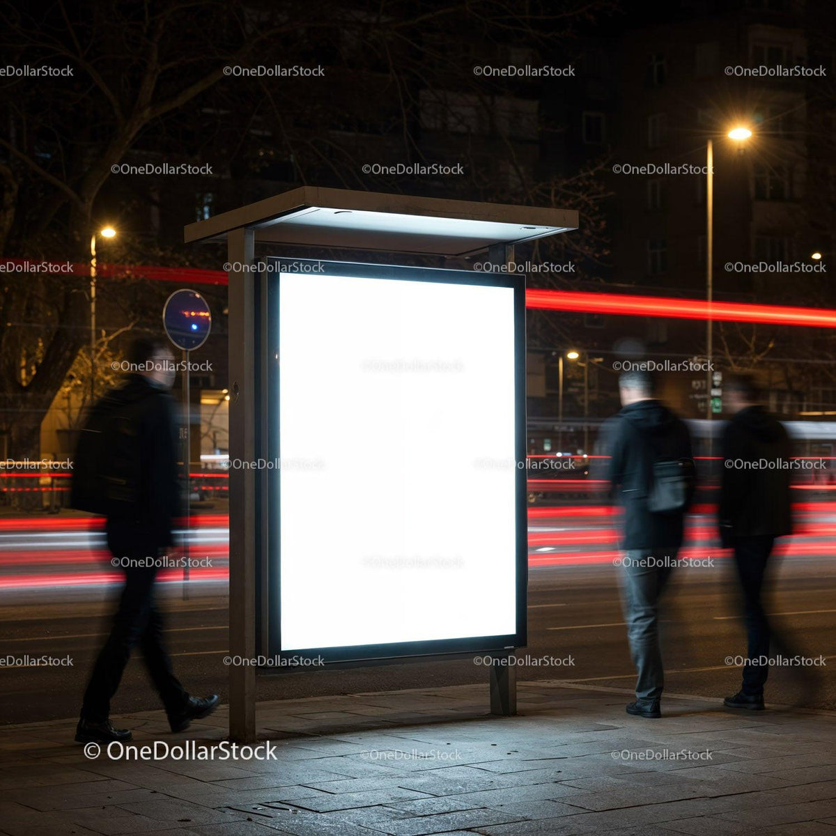 Illuminated urban bus stop with blurred pedestrians at night JPG Mockup Image preview