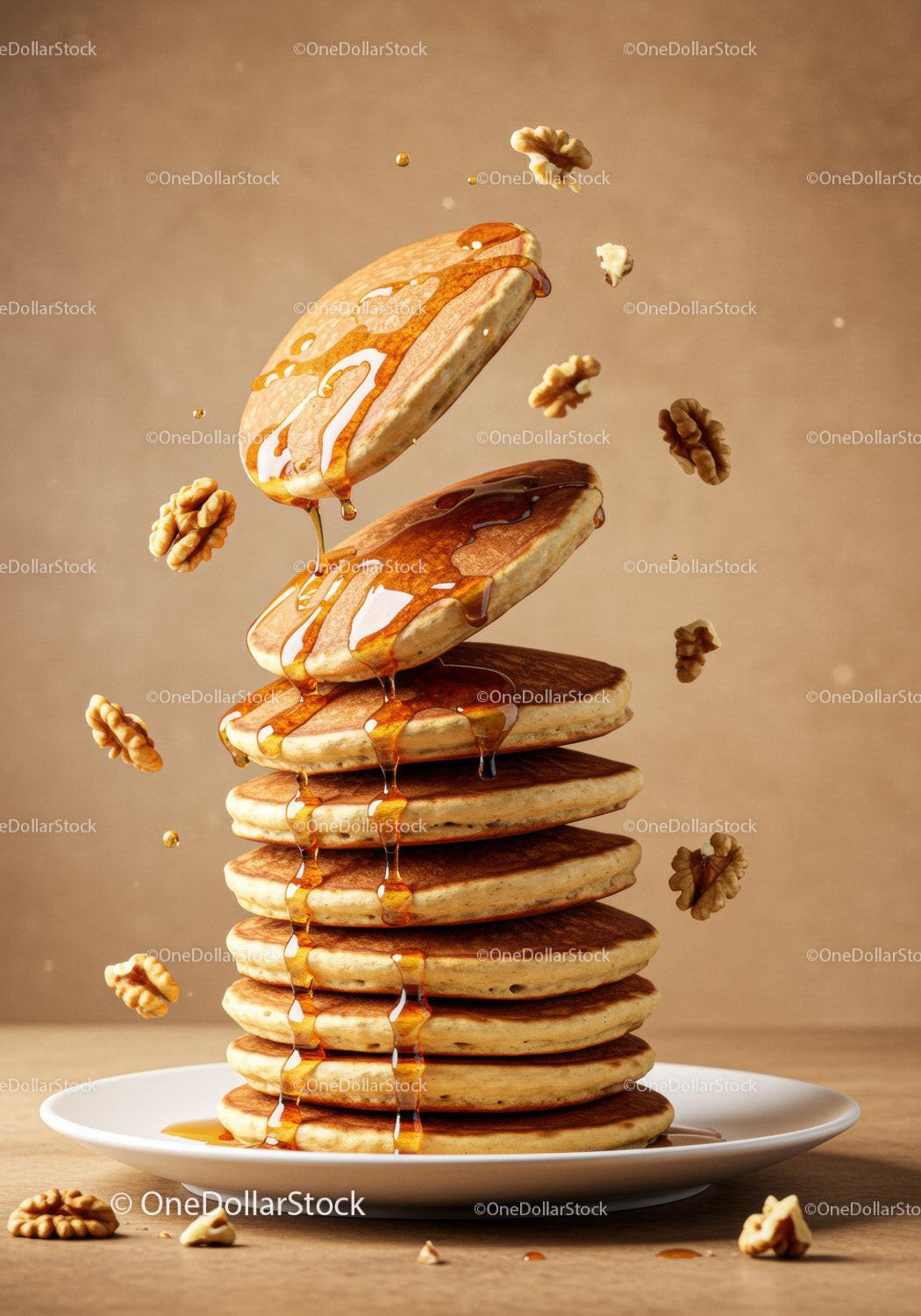 Stack of fluffy pancakes with walnuts and syrup drizzle