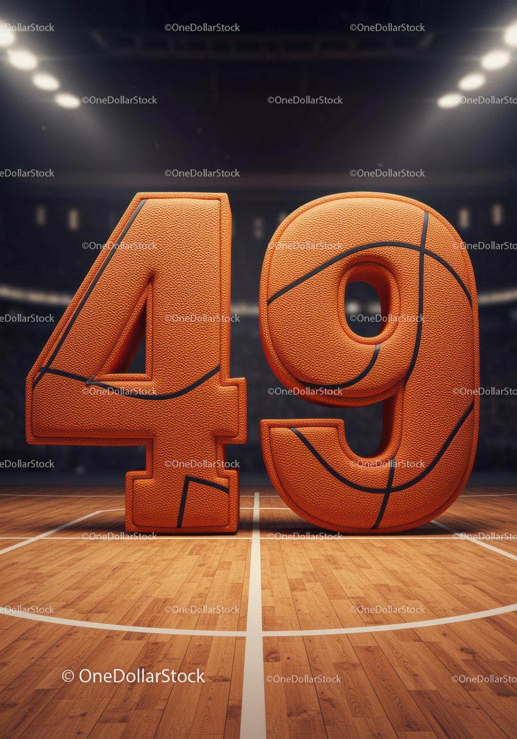 Bold basketball styled number forty nine on court