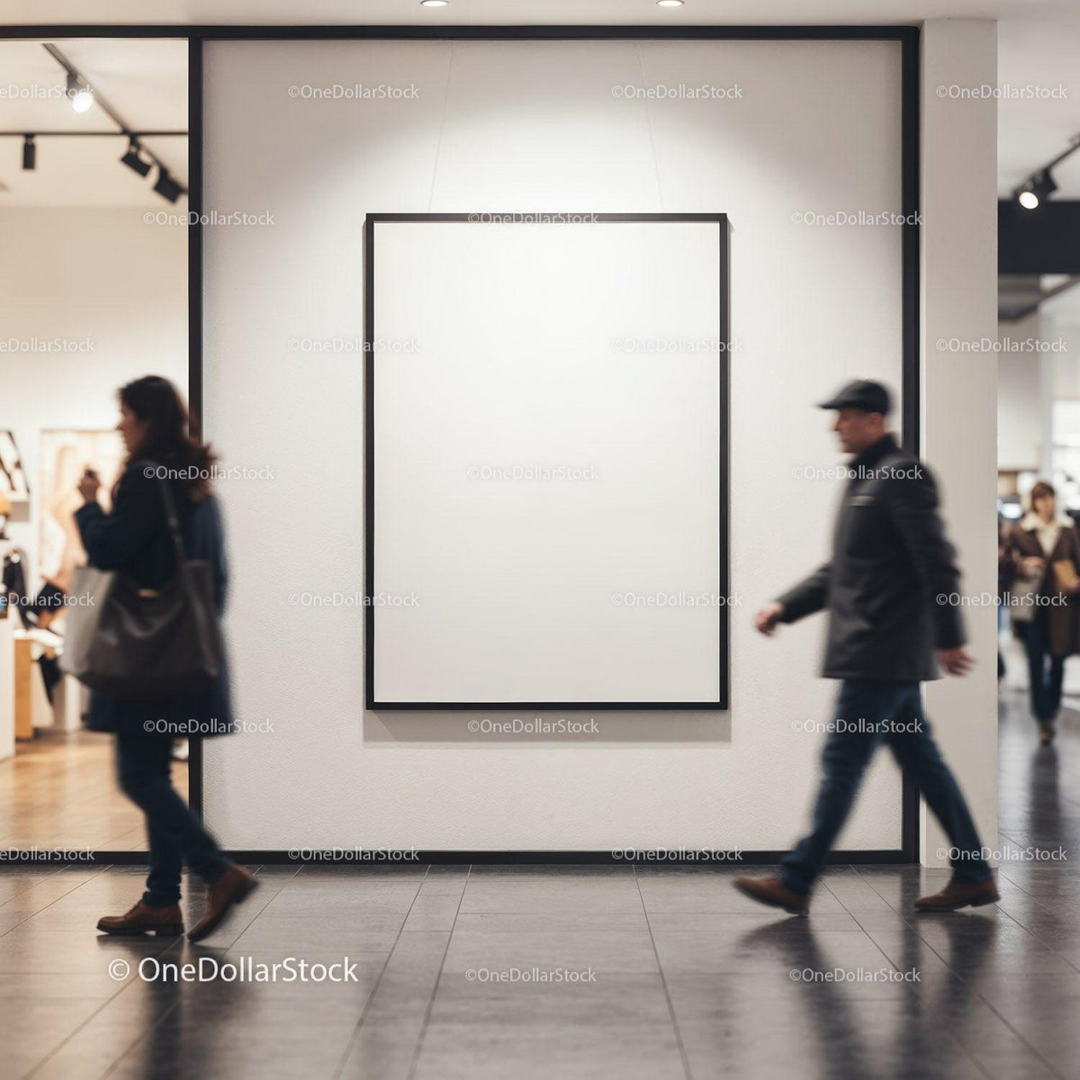 People walking past blank gallery poster in art museum JPG Mockup Image preview