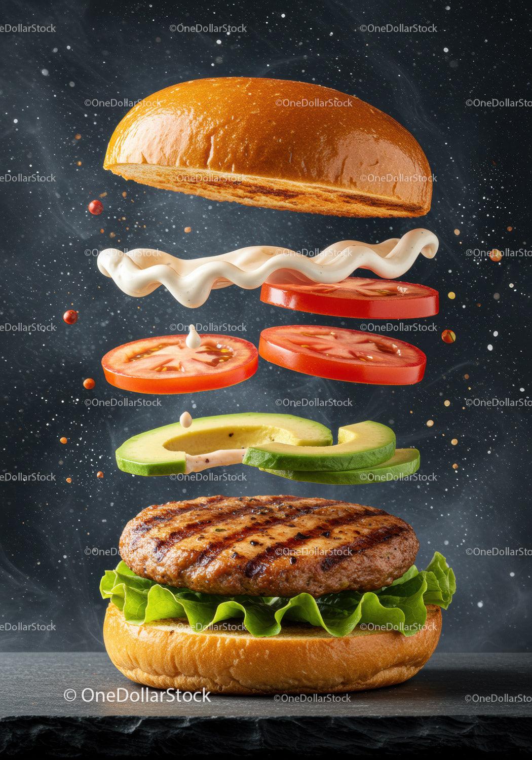 Deconstructed grilled burger with fresh vegetables and sauce