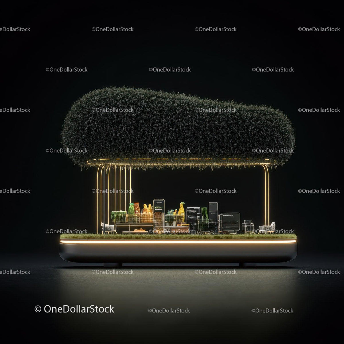 Illuminated fruit and vegetable display stand with landscaped green canopy on dark background