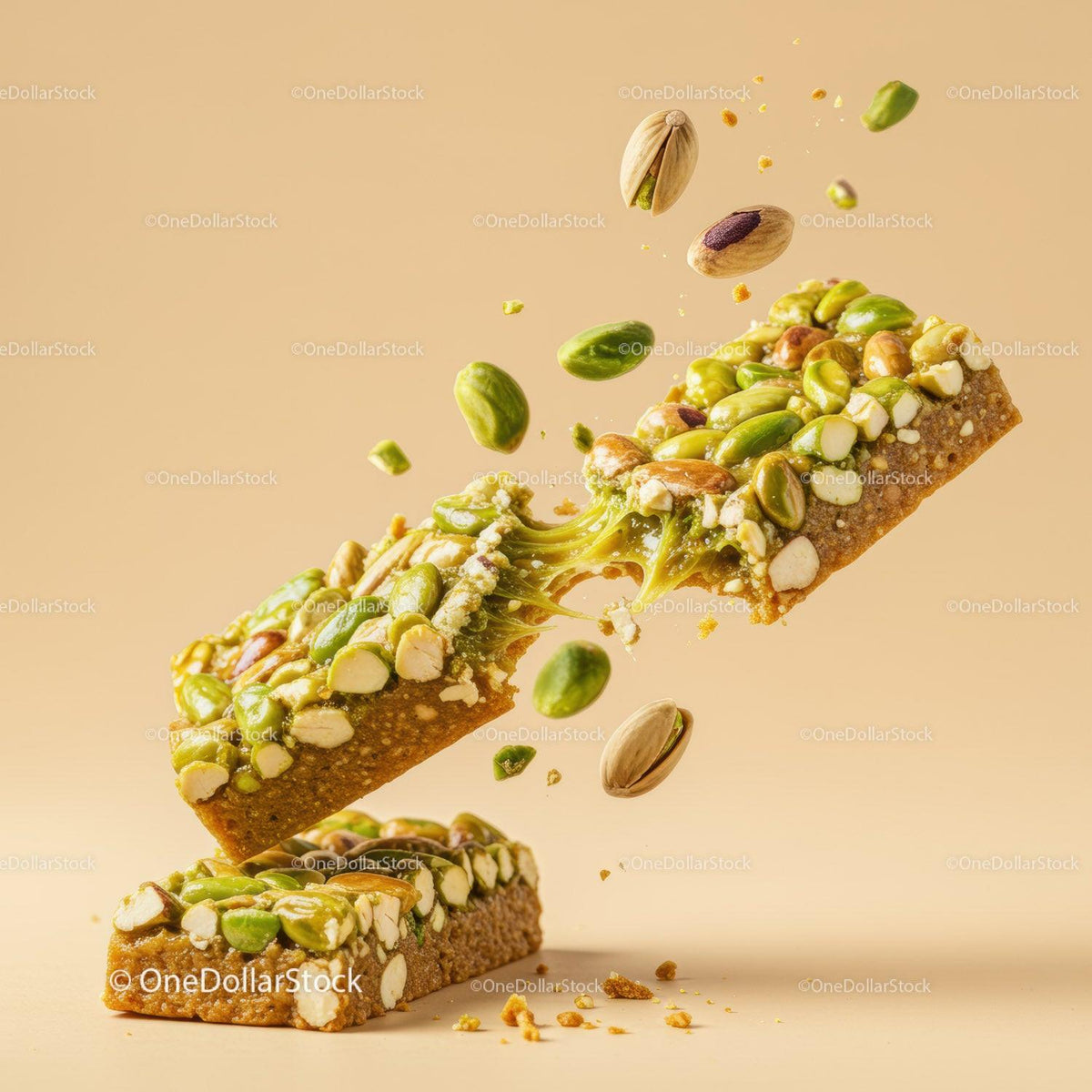 Pistachio Nut Bar Breaking with Nuts Flying