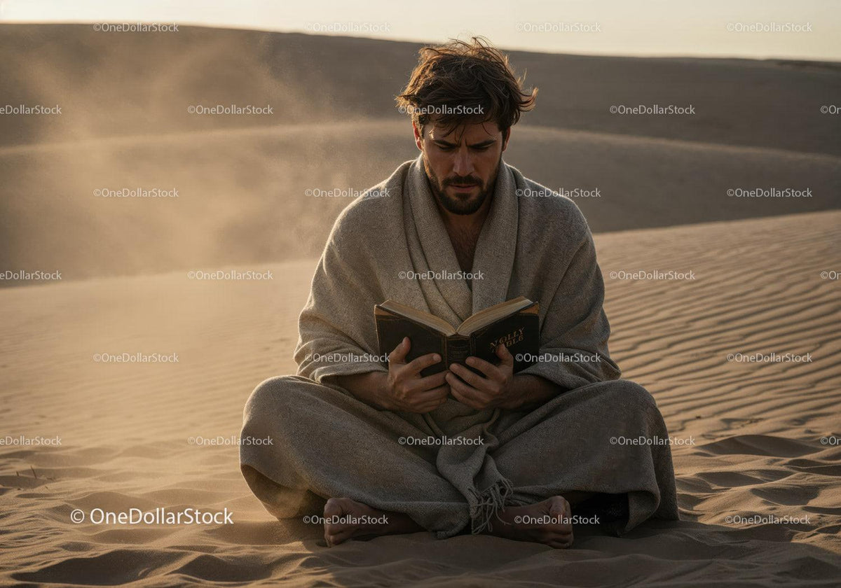 Man in Casual Clothing Reading Book in Desert During Dust Storm Stock Photo Bundle preview 30