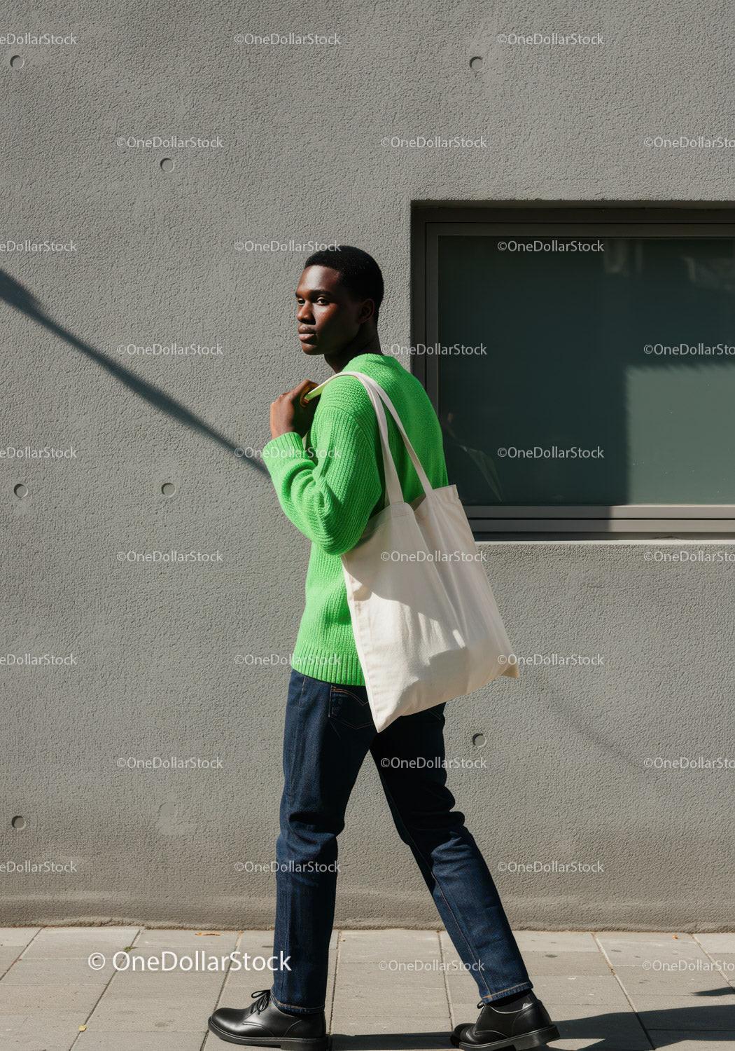 Young Man in Bright Green Sweater Walking with White Tote Bag in City JPG Mockup Image preview