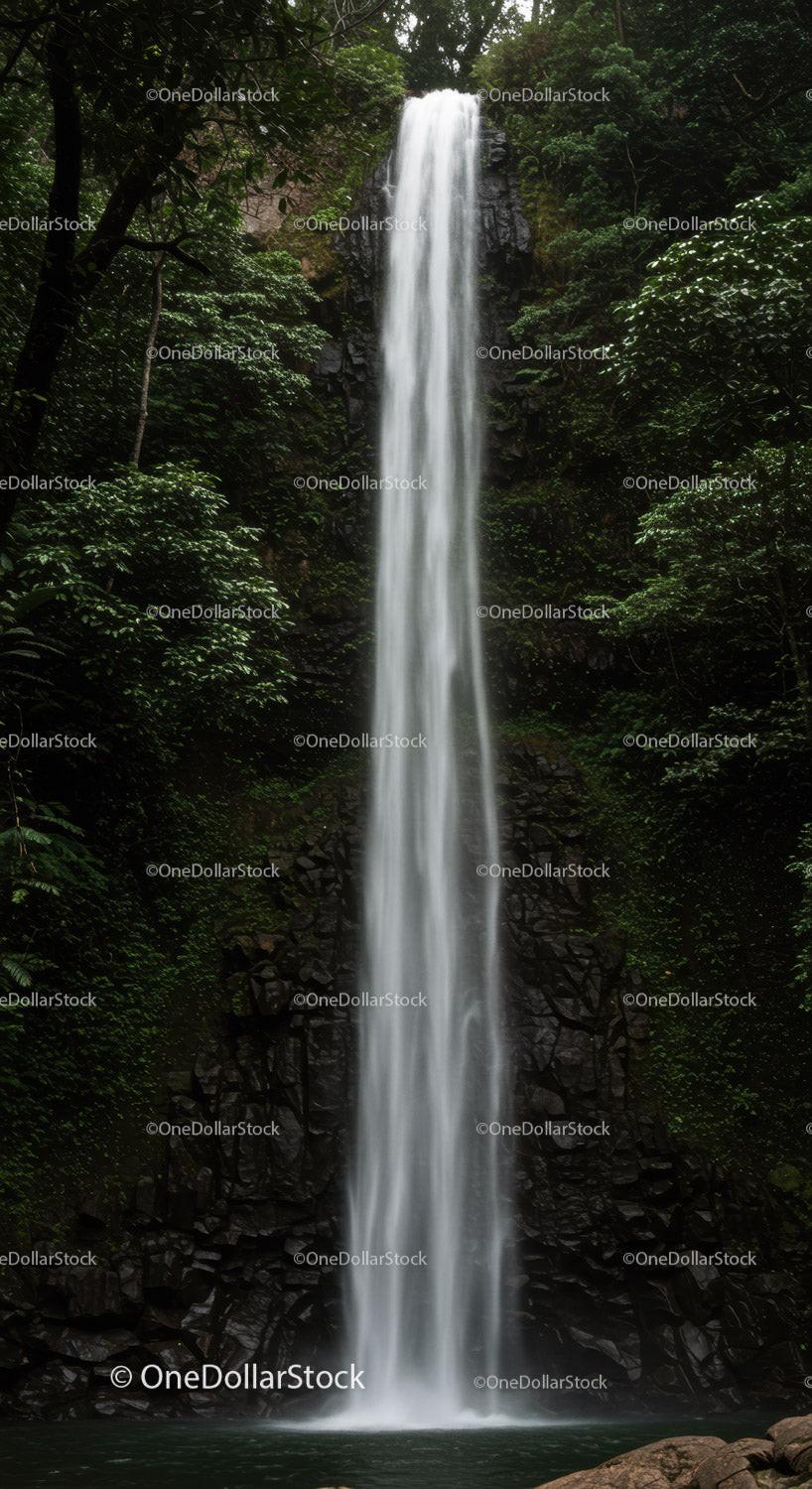 Tall waterfall cascading through dense green forest