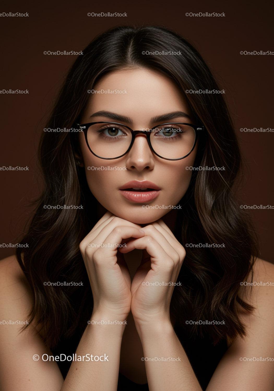 Elegant Young Woman with Black Glasses and Brown Hair in Studio