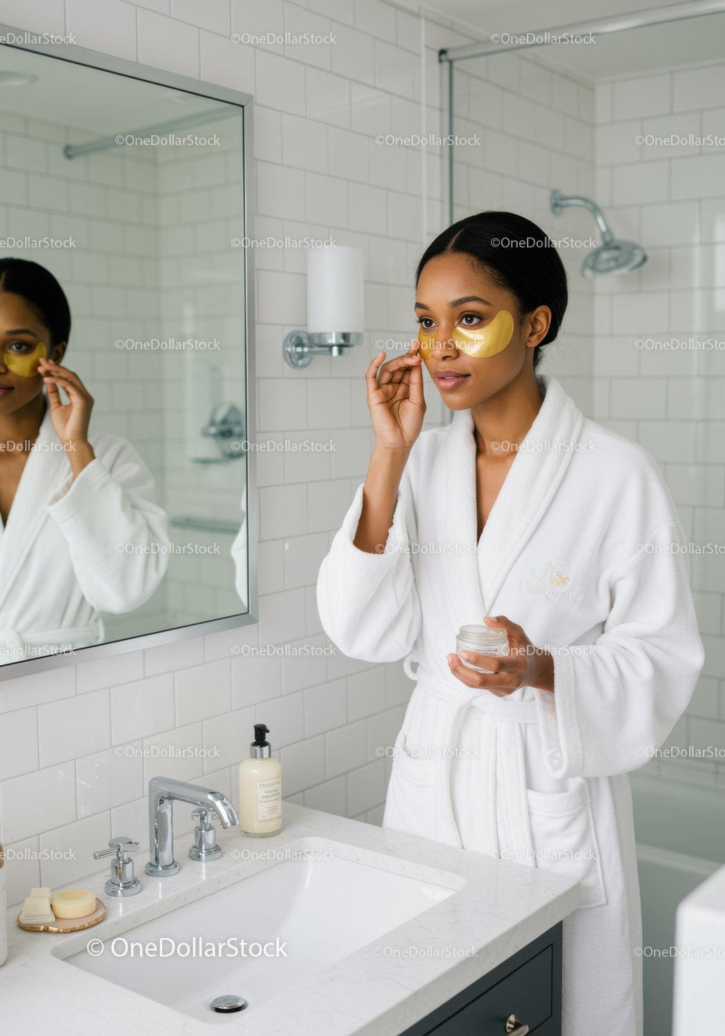 Relaxing Woman with Eye Patches Applying Skincare Near Mirror