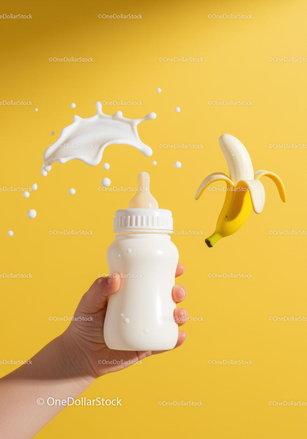 Hand Holding Baby Bottle with Milk Splash and Banana