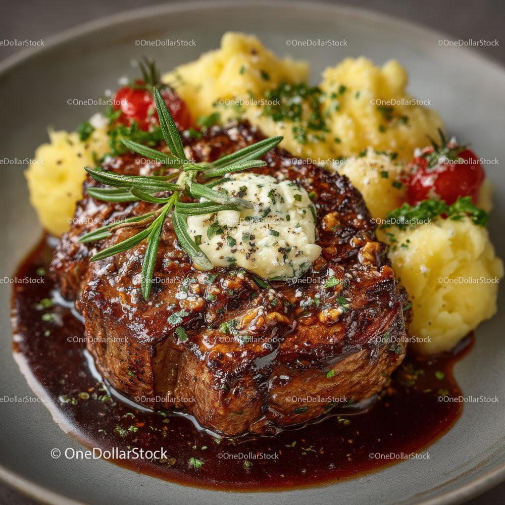 Gourmet Beef Steak with Mashed Potatoes and Herb Garnish Stock Photo Bundle preview