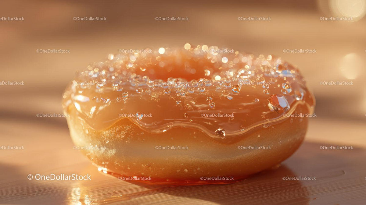 Glazed golden donut topped with sugar crystals on reflective surface under warm light