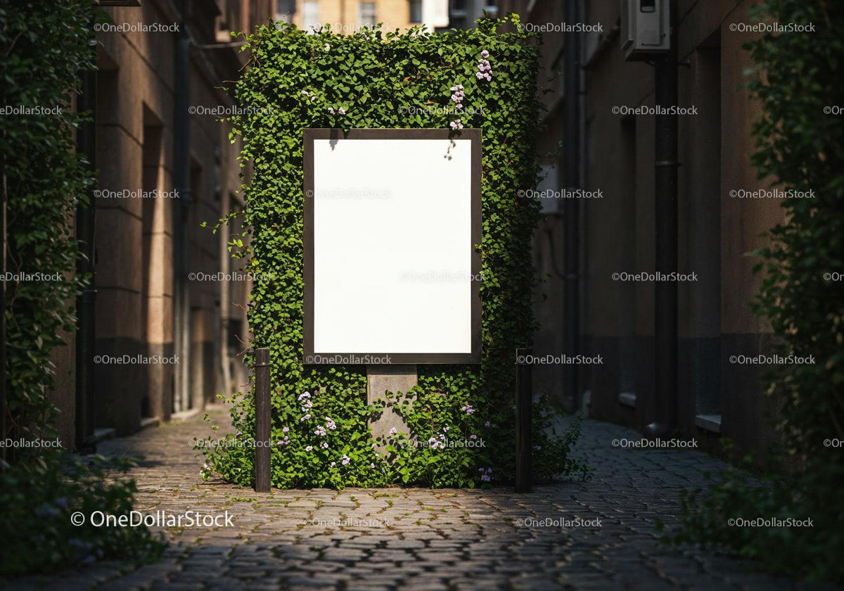 Blank poster board surrounded by lush green vines in alley JPG Mockup Image preview