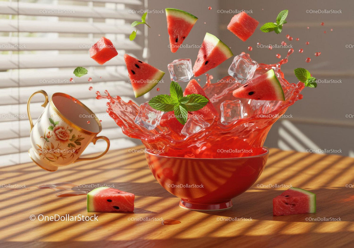 Refreshing watermelon splash with ice and mint leaves