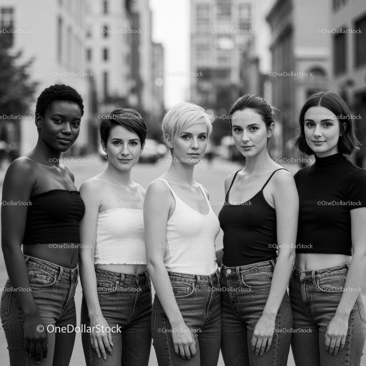 Group of diverse women standing confidently on city street