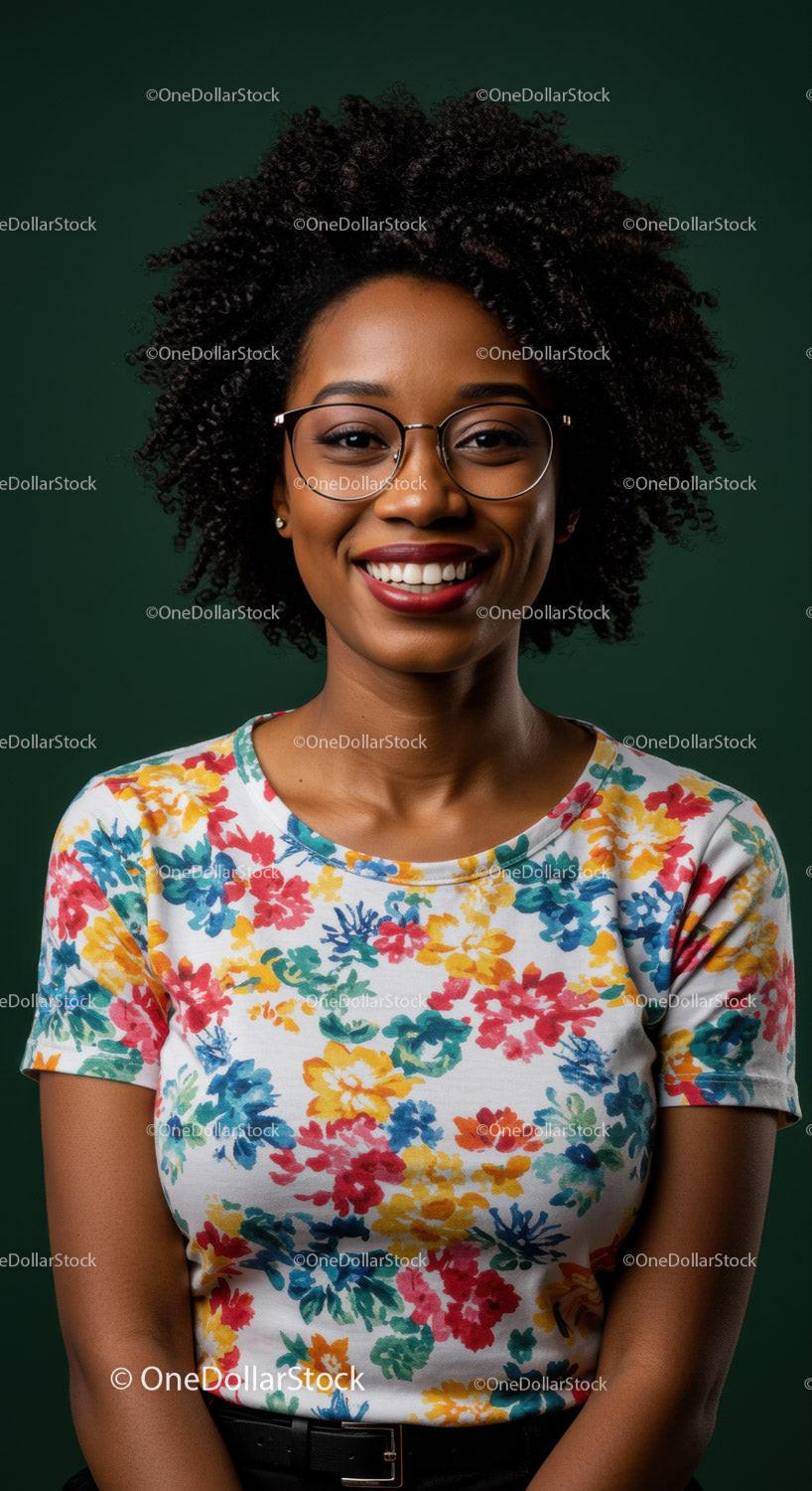 Confident smiling woman with curly hair and floral shirt