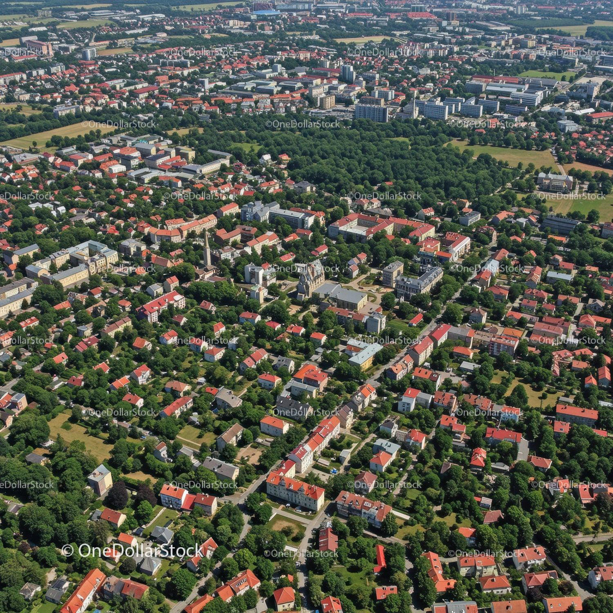 Aerial View of Green and Red Roofs in Urban Residential Neighborhood