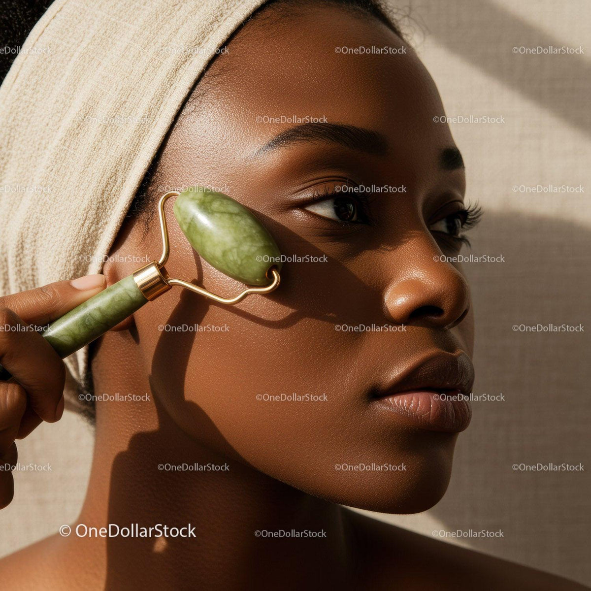 African Woman Using Jade Roller for Skin Rejuvenation