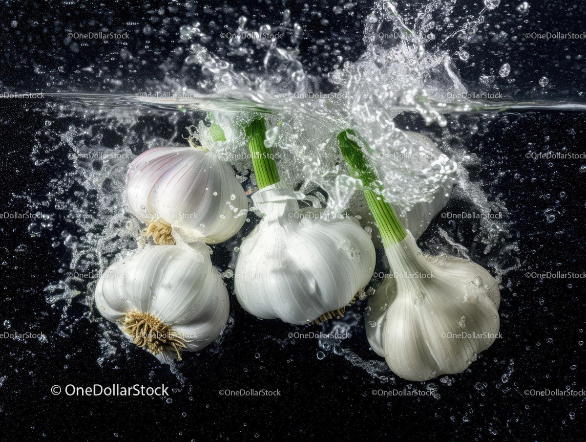 Fresh Garlic Bulbs and Green Onions Splashing Water in Kitchen