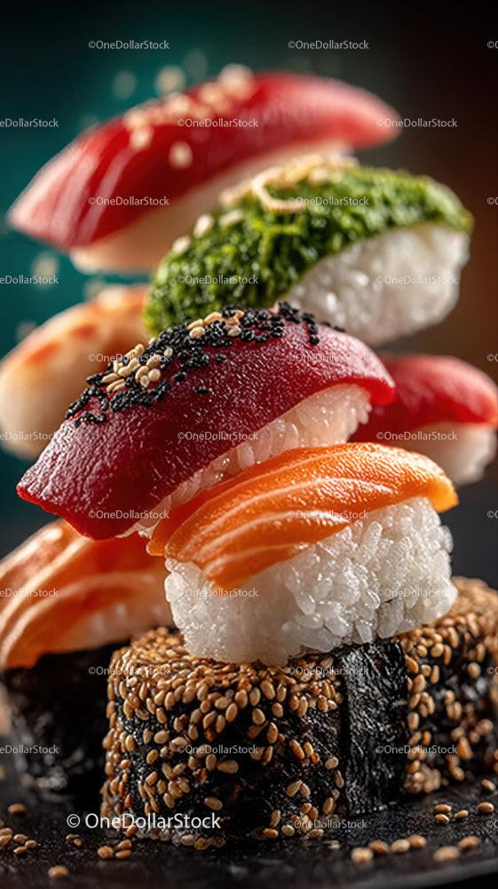 Fresh Salmon Sushi Roll with Avocado and Cherry Tomatoes Stock Photo Bundle preview 5