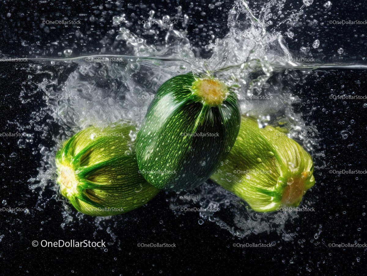 Fresh Green Zucchini with Water Splash in Natural Setting
