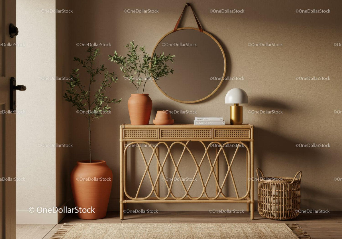 Minimalist Entryway with Rattan Console and Greenery