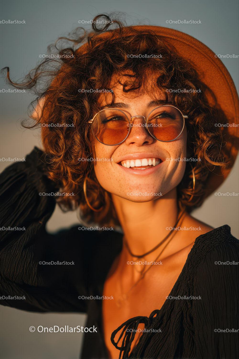 Joyful Woman Wearing Sunglasses and Straw Hat in Summer